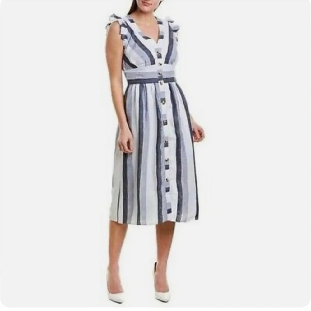 J Crew Point Sur Indigo Striped 100% Linen Midi Dress Button Resort Women’s US 6
